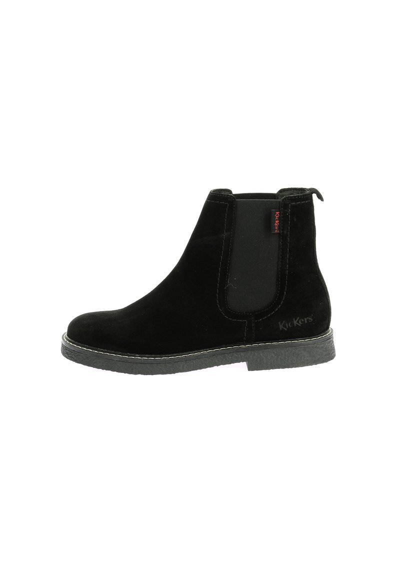 Black suede ankle boot with elastic side panels, a rounded toe, and a textured rubber sole. Features a stitched border and logo detail.