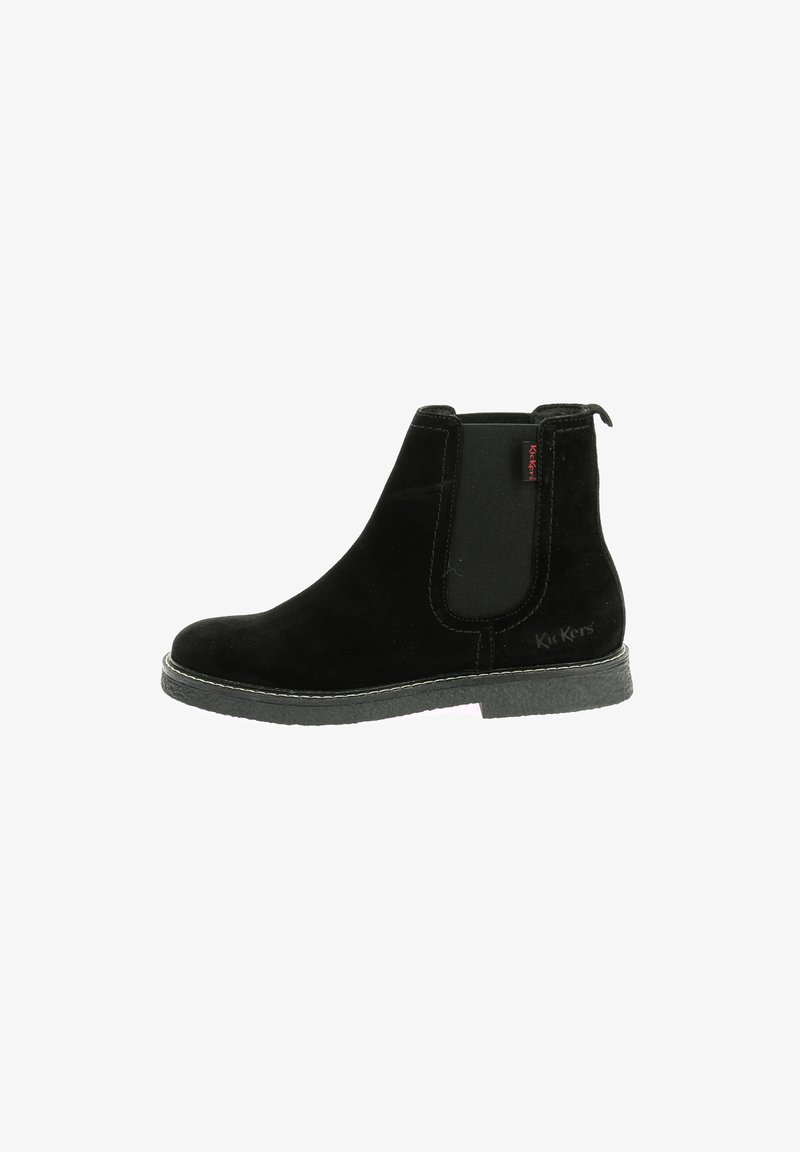 Schwarze Wildleder-Stiefelette mit elastischen Seitenpaneelen, einer abgerundeten Spitze und einer strukturierten Gummisohle. Verfügt über einen gestickten Rand und ein Logodetail.