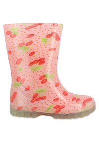 Botte de pluie en caoutchouc rose avec une semelle transparente, ornée d'un motif de cerises et de pois rouges et verts. Texture lisse.