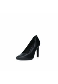 Pump nere in pelle con tacco alto, punta appuntita e superficie liscia, dotate di un sottile tacco a stiletto e un design elegante e minimal.