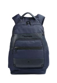 Zaino blu navy con tessuto testurizzato e dettagli in pelle liscia, dotato di diverse tasche con zip e spallacci regolabili.