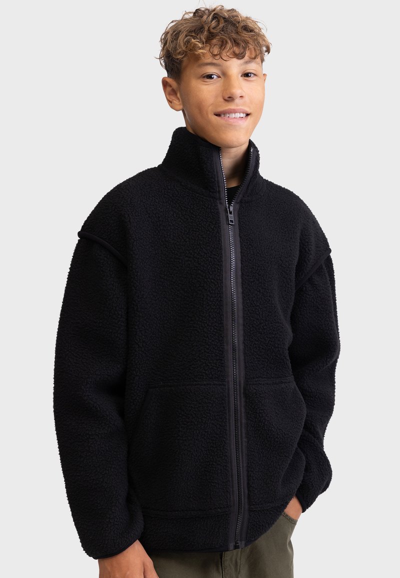 Black fleece jacket with a high collar, full zip, and two front pockets. Features textured fabric and relaxed fit for comfort.