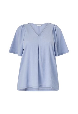 Light blue top with a V-neck, short puff sleeves, and pleated detail at the front; made from a textured fabric.