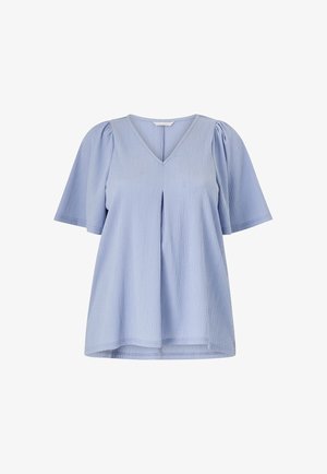 Light blue top with a V-neck, short puff sleeves, and pleated detail at the front; made from a textured fabric.