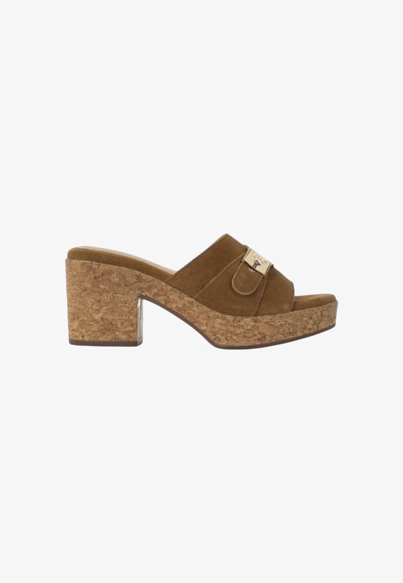 Brown suede open-toe slide sandal with a cork platform and block heel, featuring a gold-toned buckle detail on the vamp.