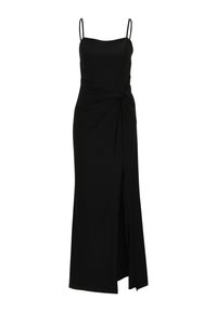 Schwarz, ärmelloses Kleid mit Spaghettiträgern, das an der Taille mit einem verdrehten Knoten-Ausschnitt und einem seitlichen Schlitz für Bewegungsfreiheit und Stil versehen ist.