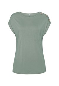 Top corto de manga corta en verde claro, hecho de un tejido suave. Cuenta con un escote amplio y botones decorativos en el hombro izquierdo. Textura suave.