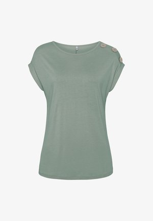 Hellgrünes Kurzarmoberteil aus weichem Stoff. Hat einen weiten Ausschnitt und dekorative Knöpfe an der linken Schulter. Glatte Textur.