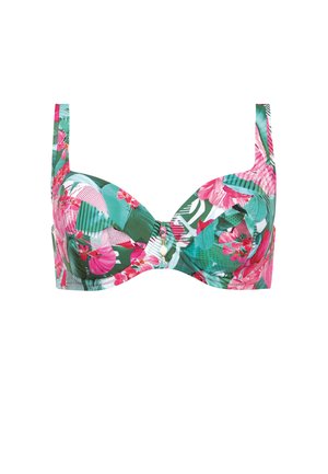 Biustonosz bikini na fiszbinach z kwiatowym wzorem w różowych i zielonych kolorach, szerszymi ramiączkami oraz fakturowanym materiałem z wzorami.