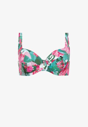 Biustonosz bikini na fiszbinach z kwiatowym wzorem w różowych i zielonych kolorach, szerszymi ramiączkami oraz fakturowanym materiałem z wzorami.