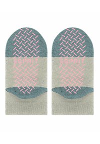Zwei Paar Socken in Grau und Blau. Mit einem strukturierten Gewebe mit rosa Akzenten und einem rutschfesten Muster auf den Sohlen.