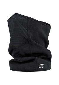 Zwarte multifunctionele nekwarmer met mesh ventilatiepaneel en klein reflecterend rasterlogo aan de onderkant.