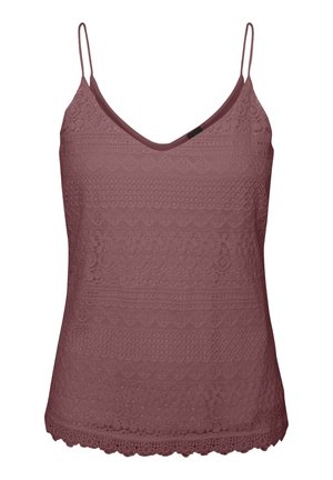 Mauve kanten cami met gezoomde zoom, V-hals en smalle verstelbare schouderbandjes.