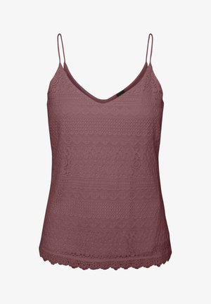 Camisole en dentelle mauve avec ourlet festonné, décolleté en V et fines bretelles réglables.