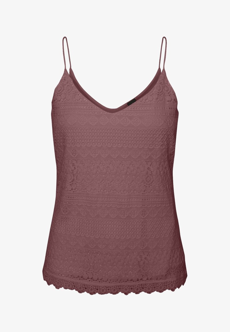 Camisole en dentelle mauve avec ourlet festonné, décolleté en V et fines bretelles réglables.