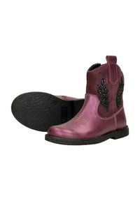 Paarse cowboylaarzen met een lederen bovenkant met textuur, voorzien van bladeren-vormige versieringen met kralen, en een platte rubberen zool.