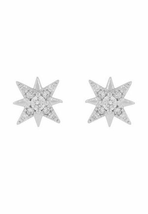 Silver star-shaped stud earrings with small clear crystals arranged on each point and a larger central crystal.