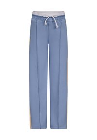 Hellblaue Sweatpants mit einem Kordelzugbund, kontrastierenden Seitenpanelen und vertikalen Nähten. Weicher Stoff, gerades Bein-Design.