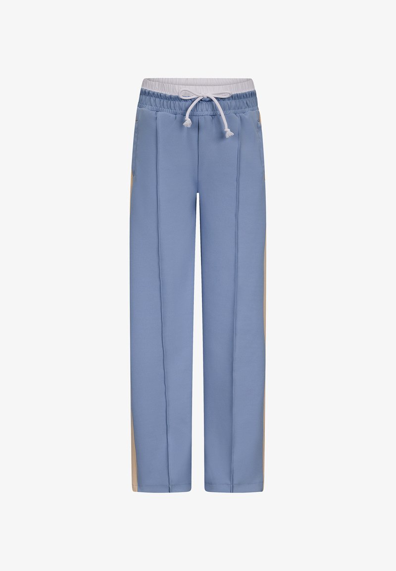 Lichtblauwe sweatpants met een tailleband met trekkoord, contrasterende zijpanelen en verticale naden. Zacht materiaal, recht gesneden ontwerp.