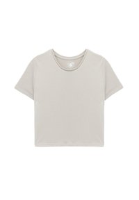 T-shirt cropped a maniche corte in cotone grigio chiaro con scollo rotondo e texture morbida. Include un'etichetta del marchio all'interno del colletto.