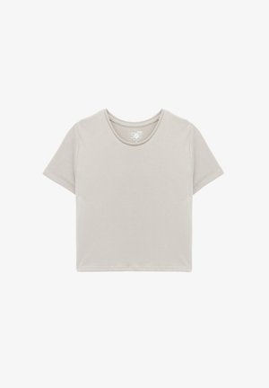 Lyhythihainen, lyhyt t-paita vaaleanharmaasta puuvillasta, jossa on pyöreä pääntie ja pehmeä rakenne. Sisäpinnassa on brändilogo kauluksessa.