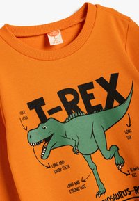Pomarańczowa bluza z grafiką zielonego T-Rexa z etykietami oznaczającymi części ciała, z grubym żebrowanym dekoltem i miękkim materiałem bawełnianym.