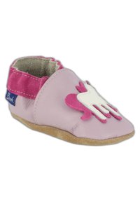 Rosa Lederbabyschuh mit einem weichen Wildledereinsatz und einem weißen Filzhändedesign auf der Vorderseite. Verfügt über eine flexible Sohle und einen elastischen Eingang.