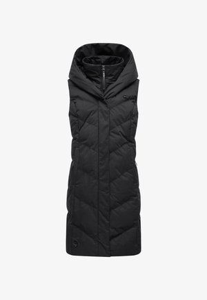 Čierna bezrukávová prešívaná vesta s vysokým golierom, kosoštvorcovým prešívaným vzorom, predným zipsom a bočnými vreckami. Odolná tkanina.