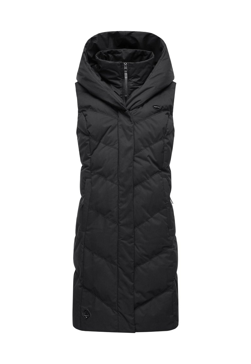 Schwarze ärmellose Steppweste mit hohem Kragen, diamantförmigem Steppmuster, Reißverschluss vorne und Seitentaschen. Robuster Stoff.