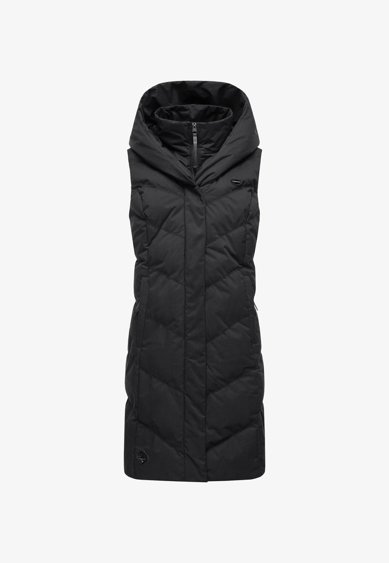 Schwarze ärmellose Steppweste mit hohem Kragen, diamantförmigem Steppmuster, Reißverschluss vorne und Seitentaschen. Robuster Stoff.