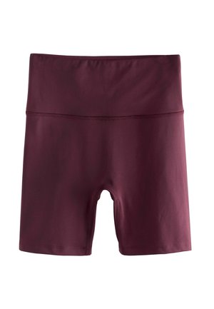 Pantaloni scurți burgundii cu talie înaltă, din material elastic. Au o textură netedă, lungime până la mijlocul coapsei și cusături întărite pe margini.