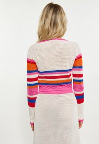 Nerti megztinis su ryškių spalvų deriniu: rožinė, oranžinė, raudona, mėlyna ir balta. Turi prigludusią juostą liemenyje ir ilgomis rankovėmis.