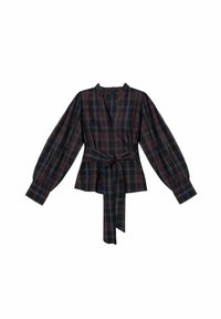 Blusa de cuadros de manga larga con mangas abullonadas, botones en el frente, cuello con volantes y cinturón de tela atado a la cintura en tonos verde oscuro y burdeos.
