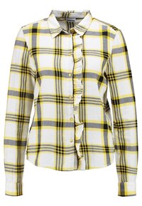 Camisa de cuadros amarillos y grises con mangas largas, cuello tipo solapa, cierre de botones y una franja con volantes a lo largo del placket. Material de algodón.