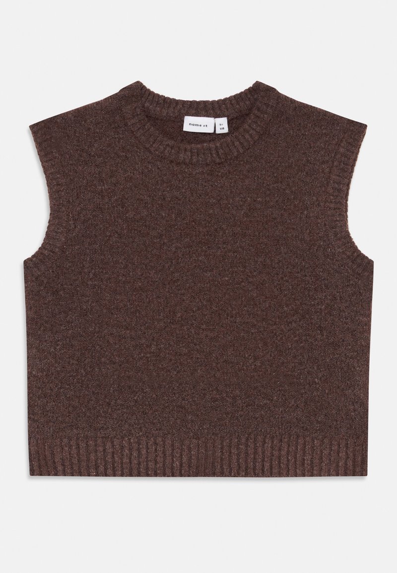 Braun gestrickter ärmelloser Pullover mit rundem Halsausschnitt, mit geripptem Saum. Weiche Textur, keine Muster oder Hardware-Details.