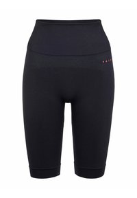 Shorts de cyclisme noirs taille haute en tissu texturé, présentant une coupe ajustée, des coutures visibles et un petit logo rouge sur le côté.