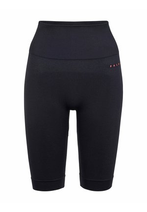 Shorts da ciclista neri a vita alta, senza cuciture, con tessuto testurizzato e piccolo logo rosso "FALKE" sulla coscia superiore.