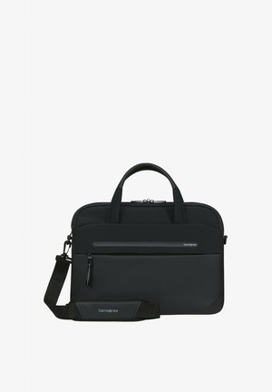 Schwarze Laptoptasche aus strapazierfähigem Material mit doppelten Griffen und einem verstellbaren Schultergurt; verfügt über ein vorderes Reißverschlussfach und ein elegantes Design.