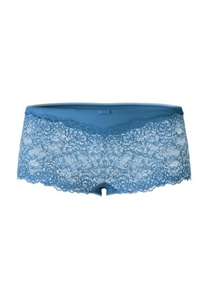 Blauwe kant boyshorts met een bloemenpatroon, uitgerust met een gladde tailleband en een golvende rand, die een mix van kant en effen stof biedt.