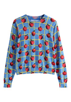 Blå trøje med lange ærmer med gult gittermønster og røde æbler jævnt fordelt på stoffet, rund halsudskæring.