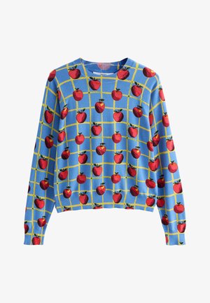 Blå trøje med lange ærmer med gult gittermønster og røde æbler jævnt fordelt på stoffet, rund halsudskæring.