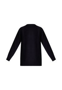 Maglione nero a maniche lunghe in maglia con polsini, orlo e scollo rotondo a coste, mostrato su sfondo bianco senza loghi o motivi visibili.