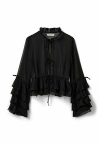 Black sheer blouse with ruffled long sleeves, a high collar, and a tie closure at the front. Lightweight fabric with a flowing design.