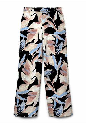 Flared bukser med en sort baggrund og store blomsterdesigns i krem, pink og lys blå. Stoffet ser tekstureret ud.