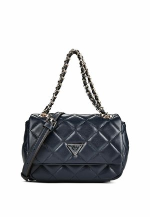 Black quilted leather shoulder bag with silver chain strap and "GUESS" triangular metal logo on the front flap.