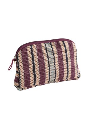 Kleine Stofftasche mit gewebtem gestreiftem Muster in Lila, Beige, Blau und Schwarz, ausgestattet mit einem violetten Reißverschluss oben.