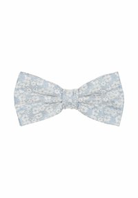 Blaues florales Fliegenband aus strukturiertem Stoff, das ein spitzenartiges Muster mit hellblauen und dunkelblauen Akzenten zeigt, gleichmäßig geformt mit einem zentralen Knoten.