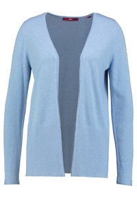 Helle blaue Strickjacke aus weichem Material, mit V-Ausschnitt, offener Vorderseite und langen Ärmeln mit Rippakzenten sowie zwei Fronttaschen.