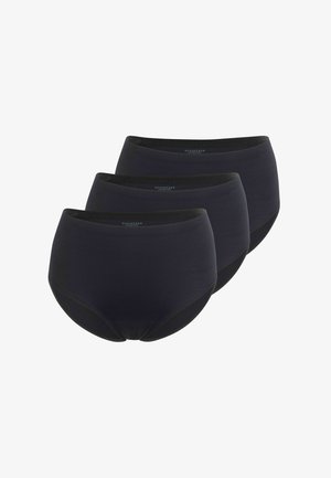Trzy pary czarnych, damskich majtek z wysokim stanem. Wykonane z gładkiego materiału z bezszwowymi brzegami i szerokim pasem w talii dla komfortu.