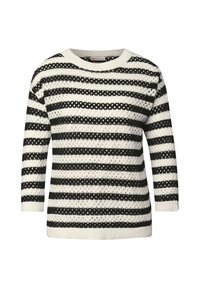 Schwarz-weiß gestreifter Pullover mit leichtem, offenem Strickmuster, Rundhalsausschnitt und 3/4-langen Ärmeln. Gerippte Bündchen und Saum.